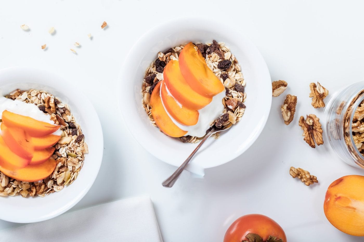 flat lay of a healthy breakfast with apricot and oatmeal