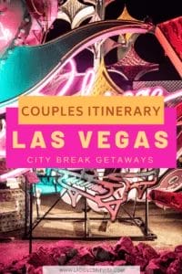 pinterest graphic displaying neon lights and city lights for a post outlining a 2 day itinerary in Las Vegas