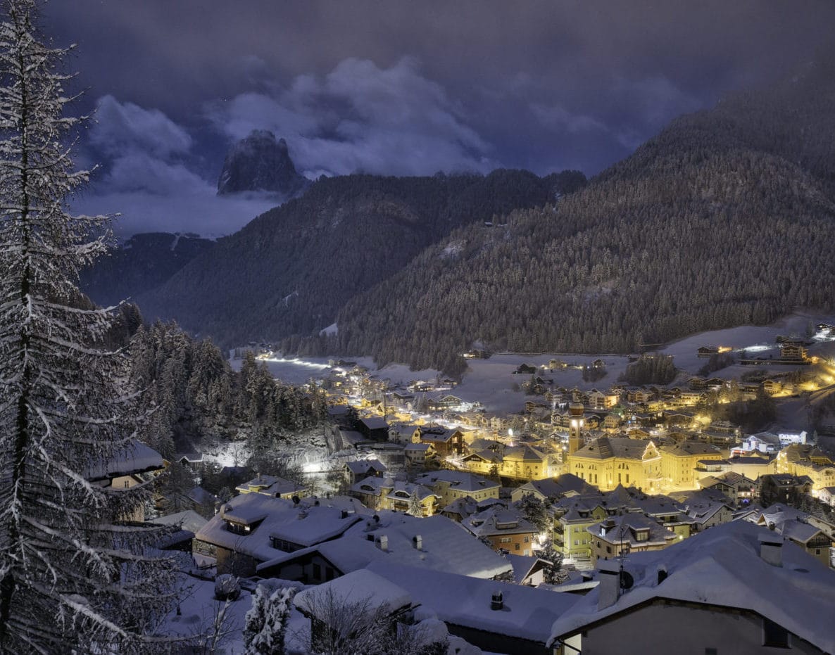 The mountain town of Ortisei covered in snow