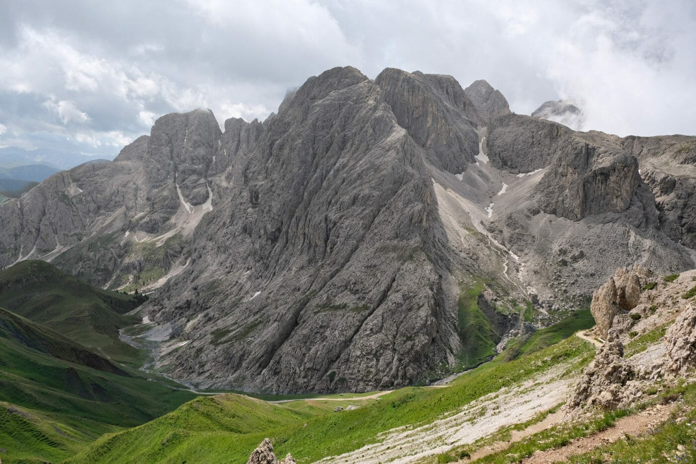 The impressive Catinaccio massif in Seiser Alm, Dolomites