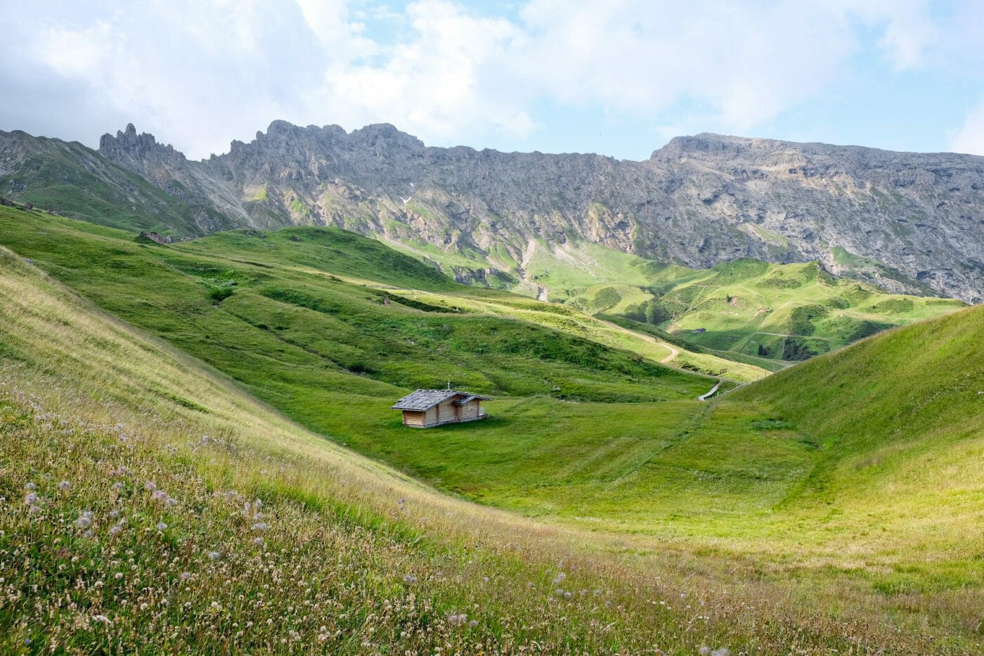 meadows in Seiser Alm Dolomites with mountain hut