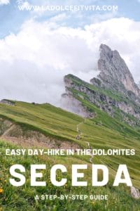 pin concept for hiking seceda in italy, dolomites