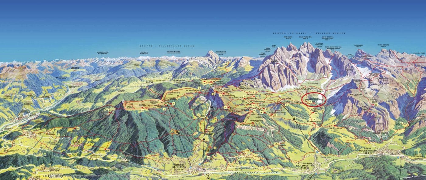 map of the various hiking trails in seceda, italy