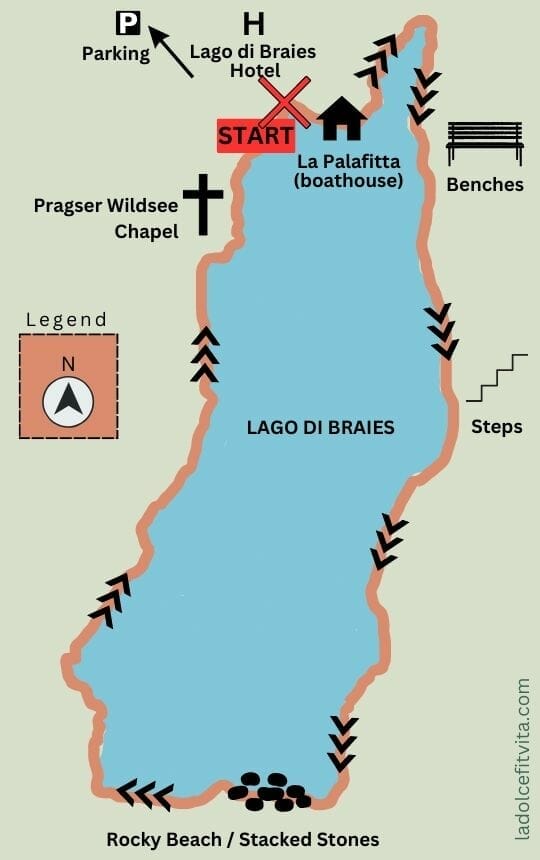 map of lago di braies hike looptrail in clockwise direction with key points
