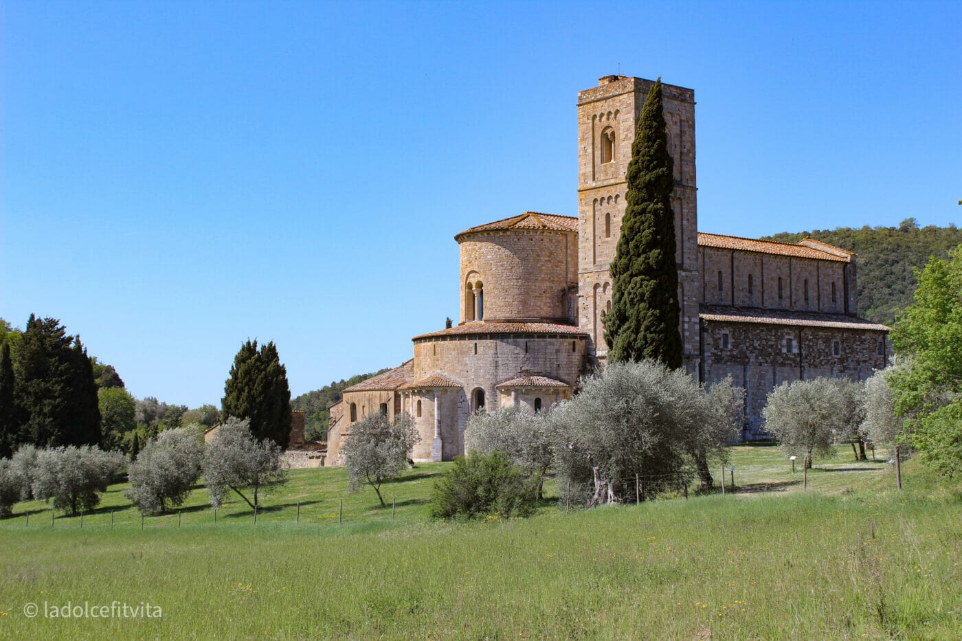 Beautiful stone abbey and benedictine monastery of sant'antimo in the tuscan countryside