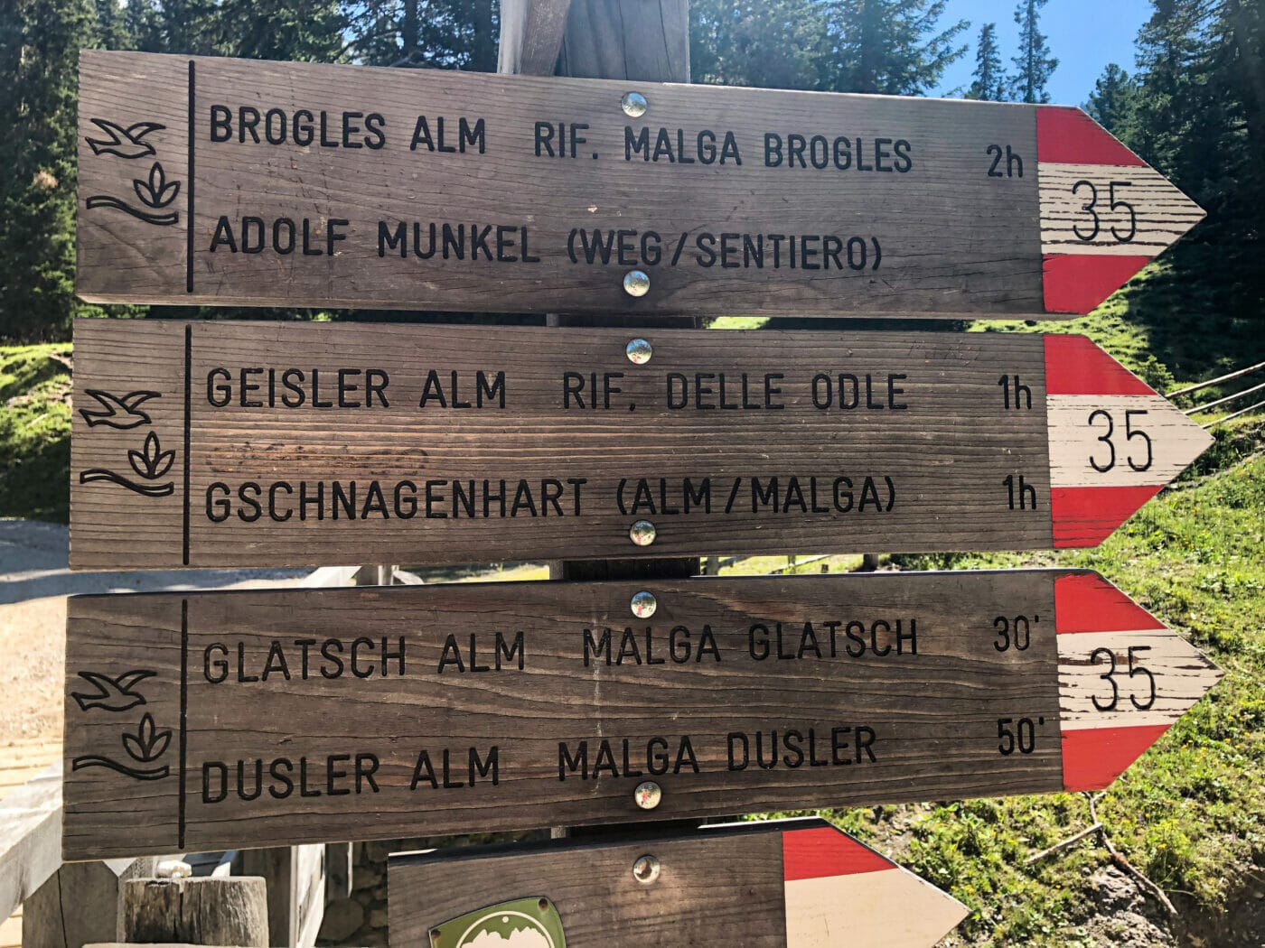 mountain wood trail signs indicating the path to take for the Adolf Munkel Trail in the Dolomites