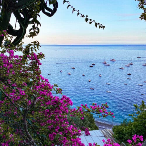 snapshot of the sea from the stairs in Positano Italy framed by pink flowers