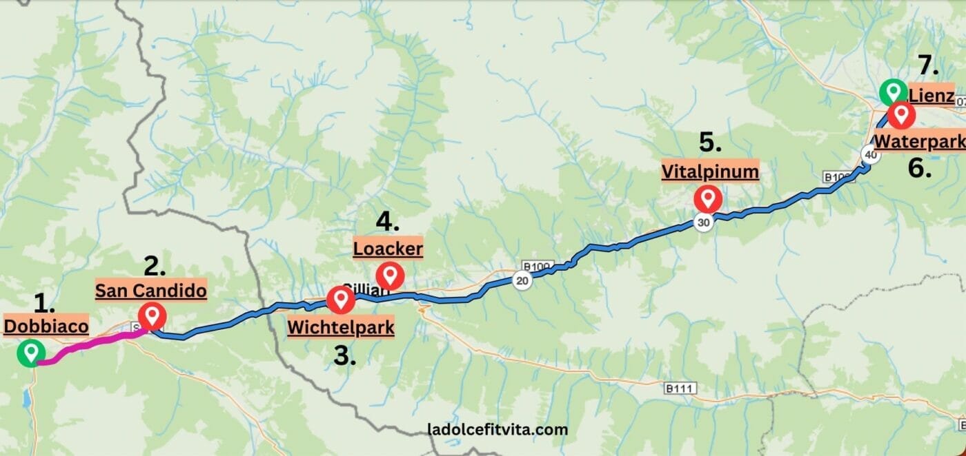 Map with Optional Waypoints of the Dobbiaco Lienz Cycling Route in the Upper Puster Valley, East Tyrol.