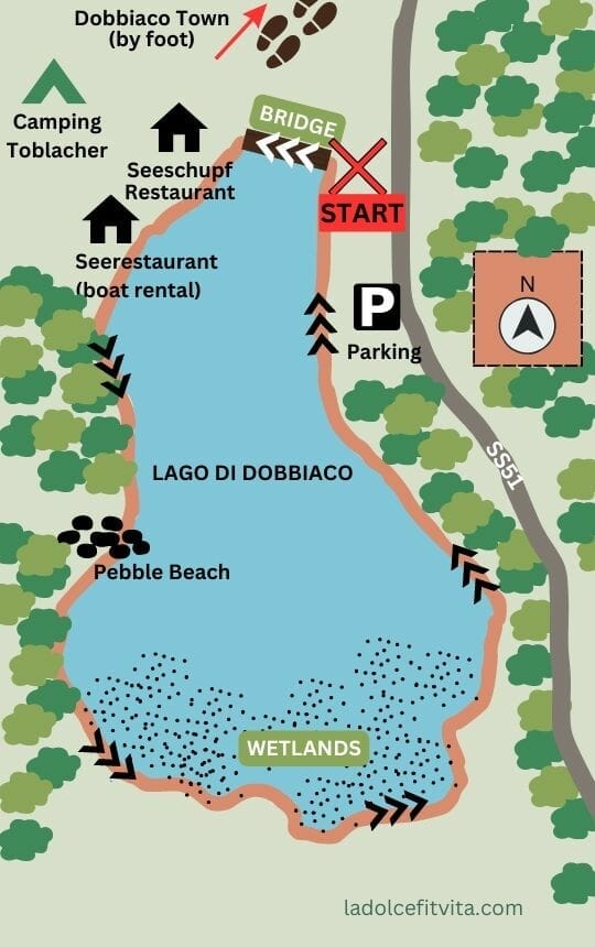 A digitally drawn map of lago di dobbiaco and its main points of interests along the loop trail