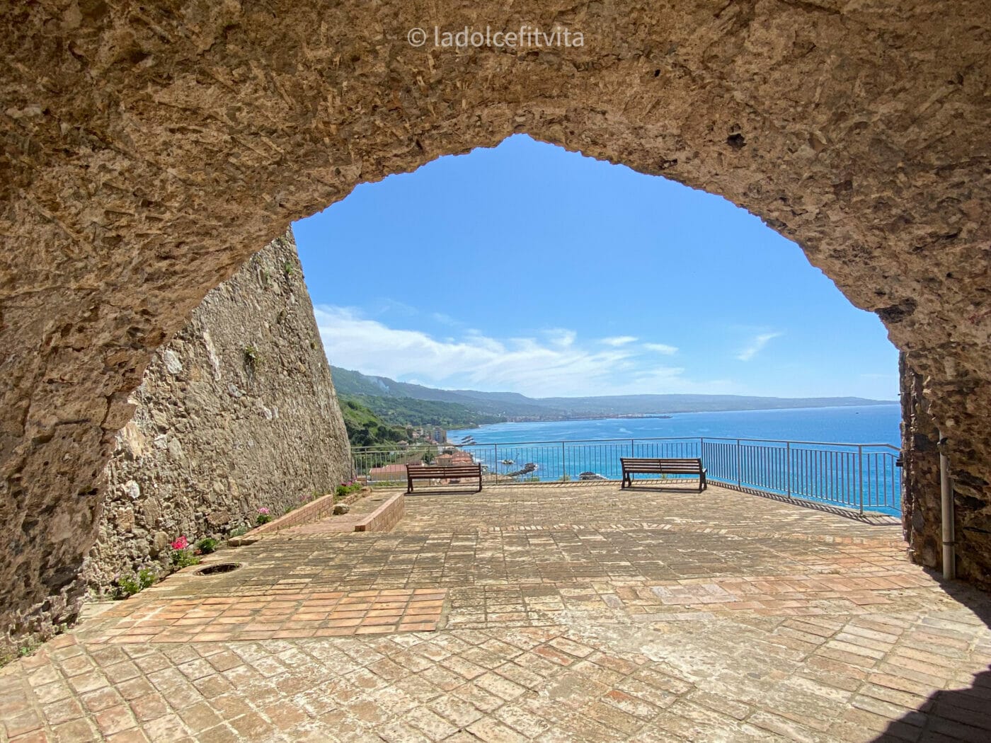 beautiful seaside panorama from the terraces at Murat Castle in Pizzo Calabria, Italy