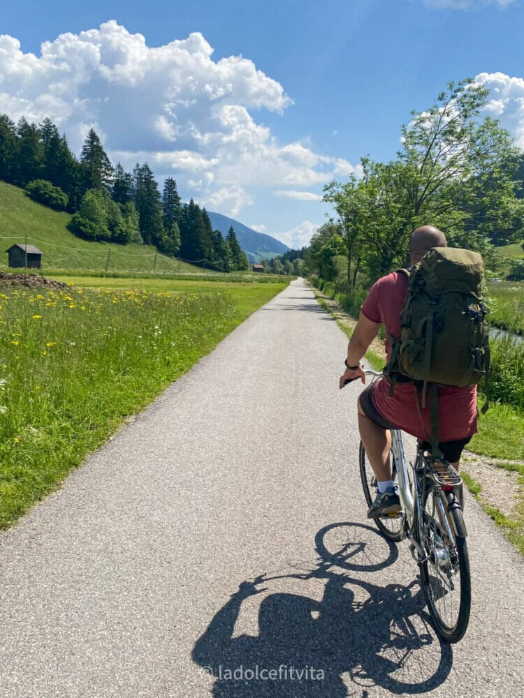 male cyclist on a bike trail in the dolomites with grass on both sides of the paved path