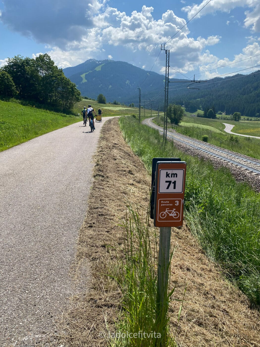 Bike Path trail signs along the San Candido cycling route