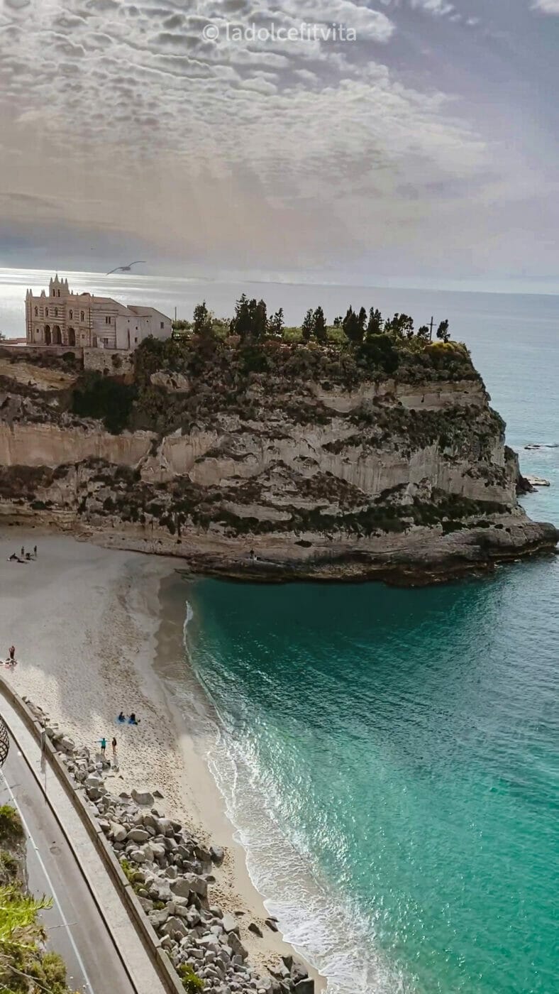 view of Sanctuary of Tropea as seen from panoramic balcony of town